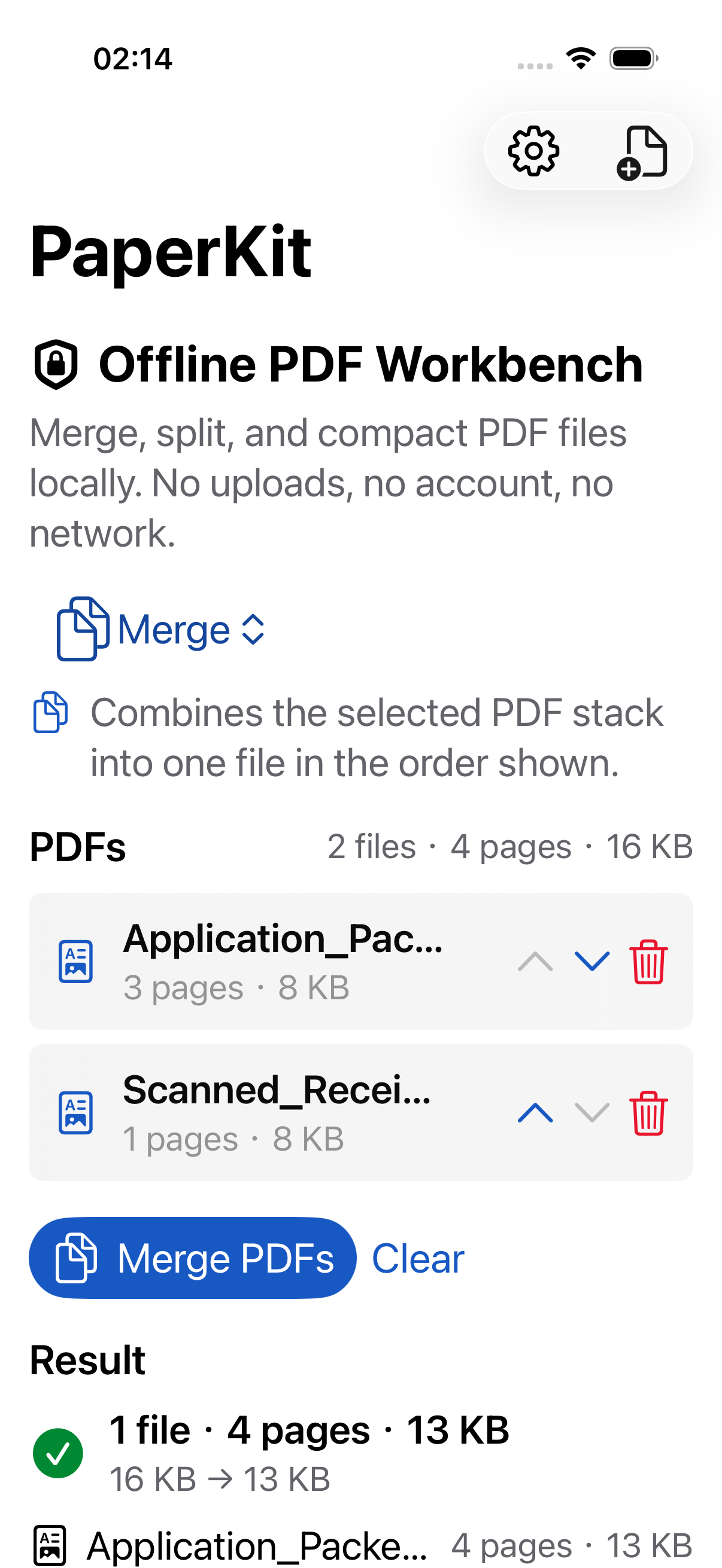 Processed PDF results list